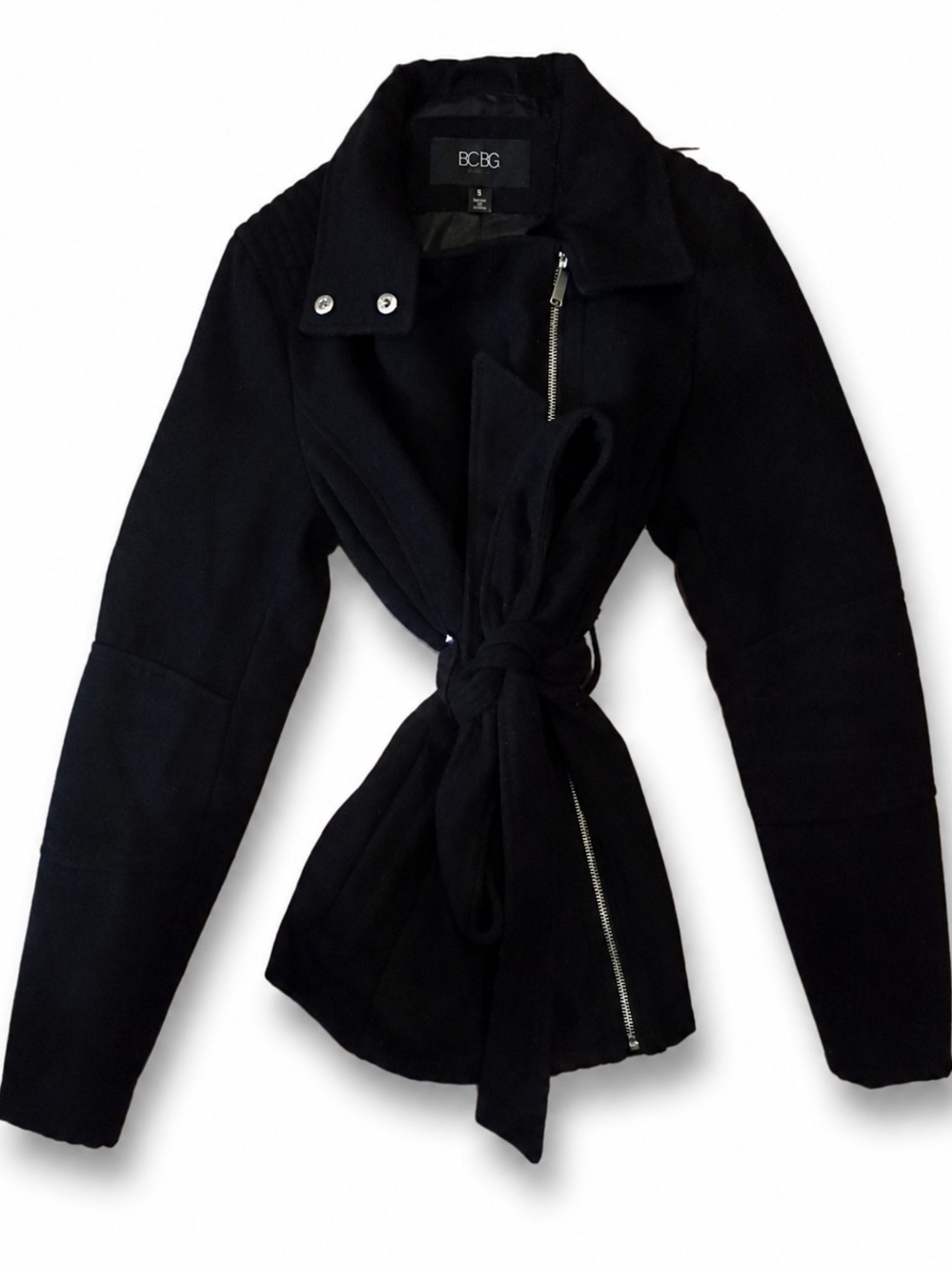 BCBG Black Tie-Waist Trench Jacket - Women's Size, Small.
